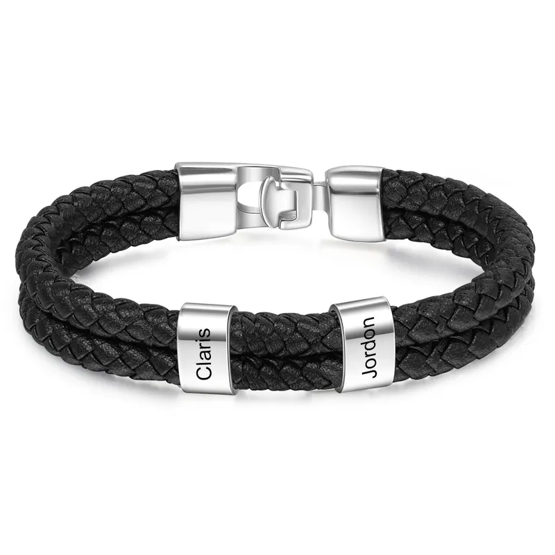 Solde À mon Papi-Bracelet Cuir tressé 2 Perles Prénom Personnalisé Bracelet Homme