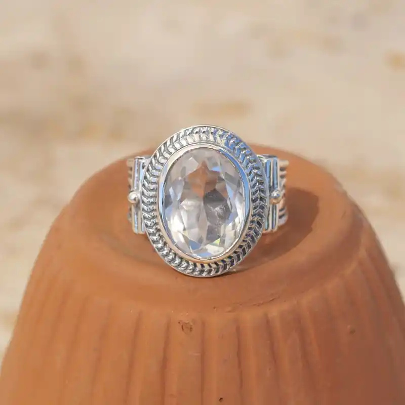 Vente Flash Bague mixte argent grave et pierre facettee en Cristal de roche T57