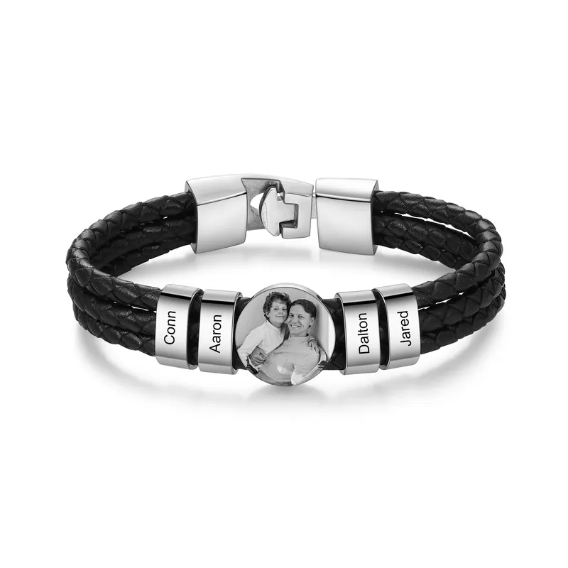 Bracelet en Cuir 4 Prénoms Personnalisés avec Photo pour Hommes Nouveauté