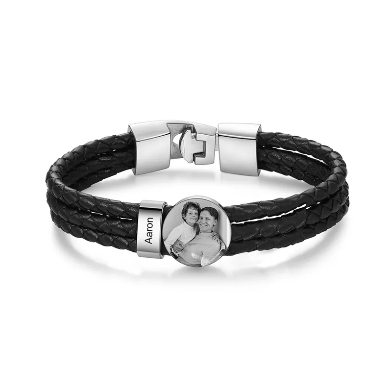 Solde Bracelet en Cuir 1 Prénom Personnalisé avec Photo pour Hommes | Jessemade