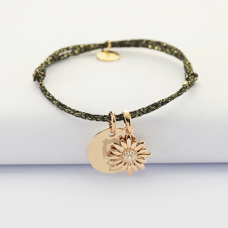 Vente Directe Bracelet personnalisé cordon pailleté médaille gravée plaqué or 15 mm et breloque marguerite scintillant 13 mm