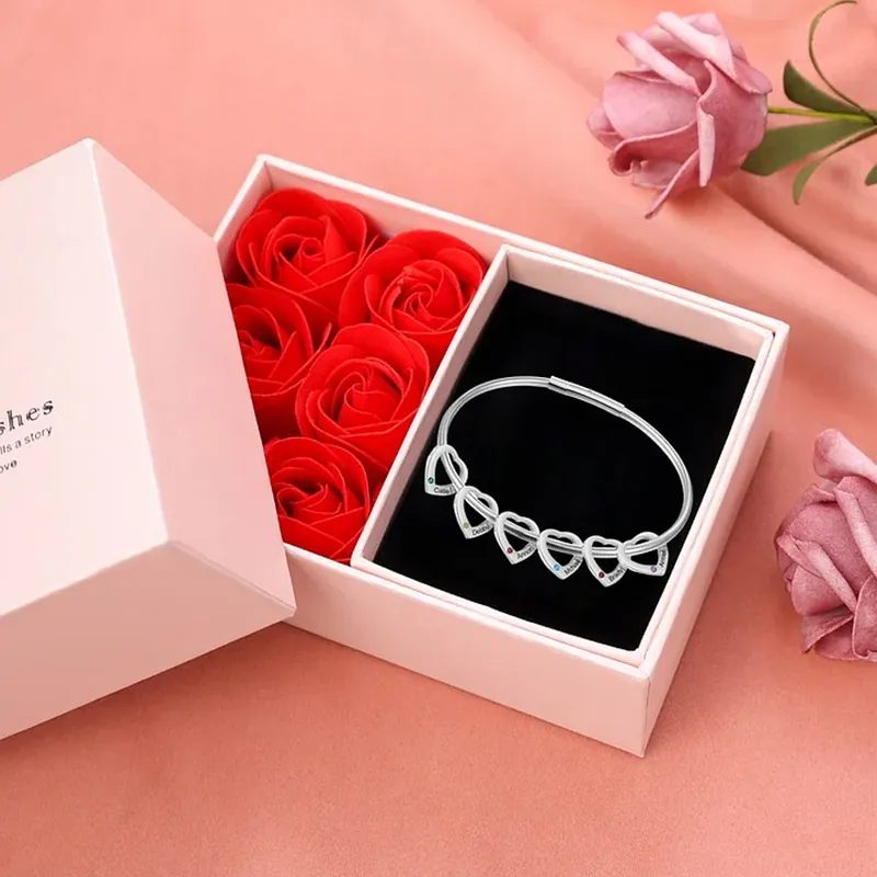 Réduction Bracelet Jonc Bracelet Coeur 6 Prénoms Personnalisés avec 6 Pierres de Naissance Argent Or | Jessemade