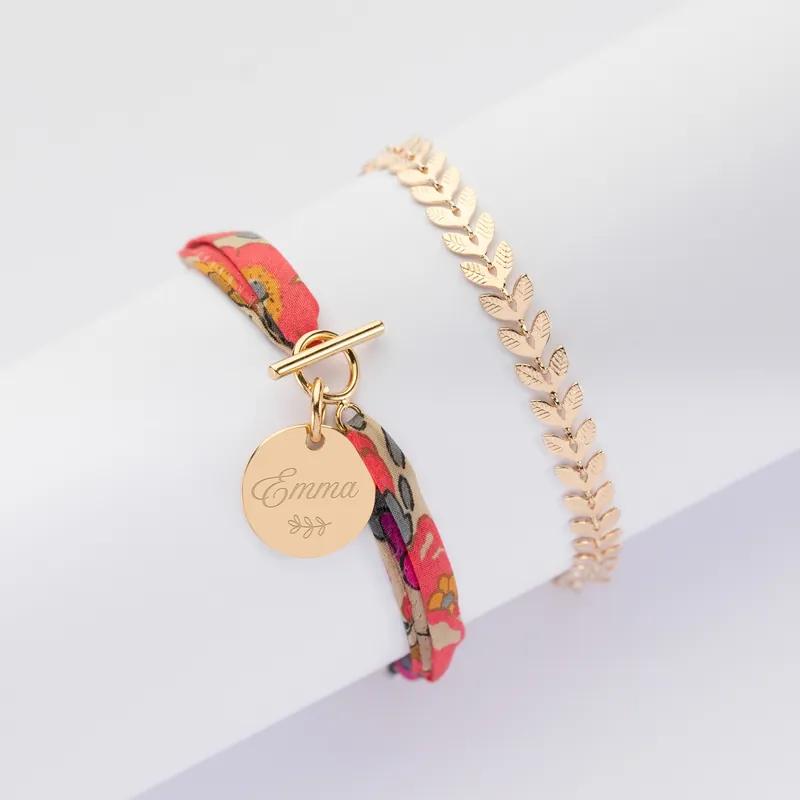 Acheter En Ligne Duo bracelets personnalisés chaine Epi et Liberty fermoir médaille gravée plaqué or 15 mm