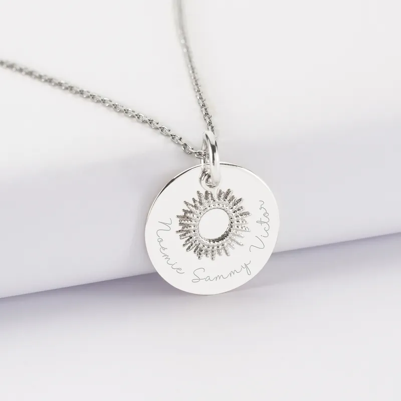 Premium Pendentif réversible personnalisé médaille gravée argent 19 mm et breloque soleil 10 mm