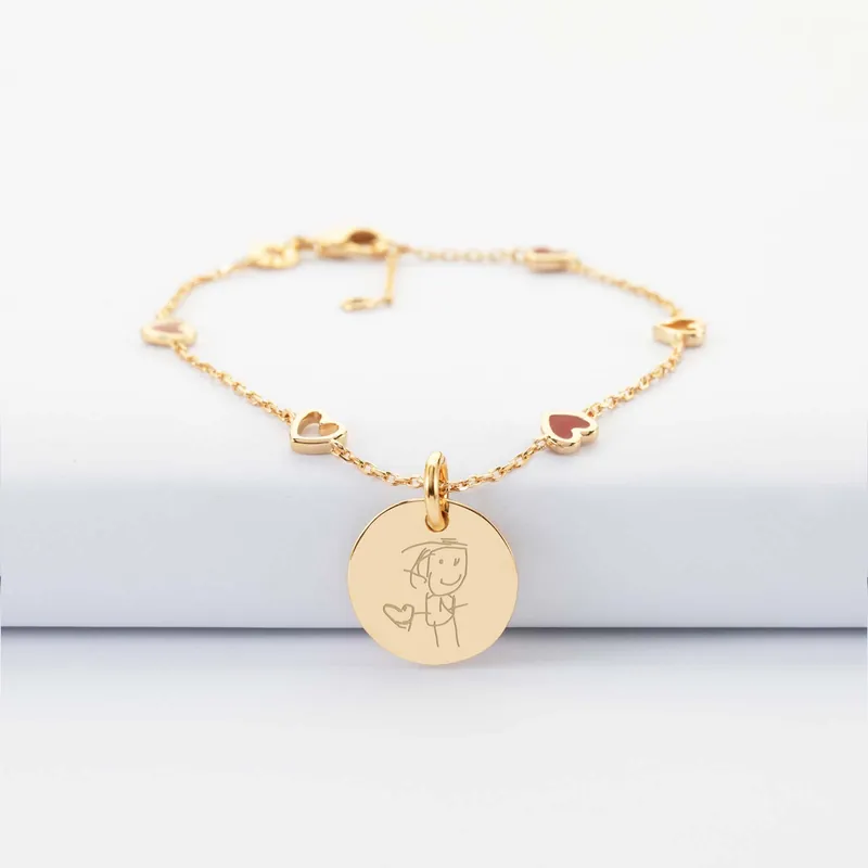 Premium Bracelet chaîne coeurs ajourés et email personnalisé médaille gravée plaqué or 15 mm