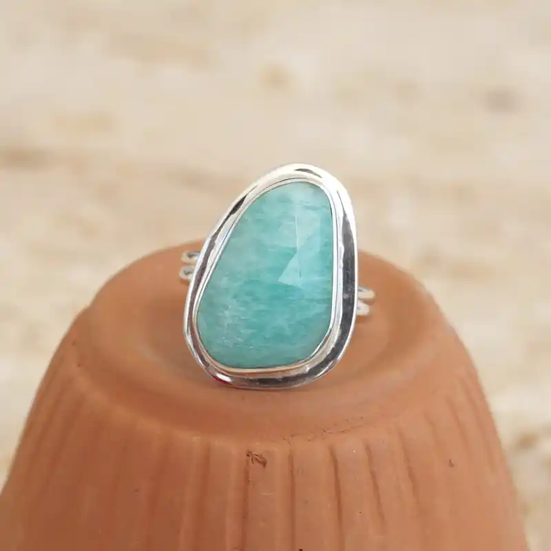 Acheter Direct Bague pierre Amazonite facettee monture double argent T55