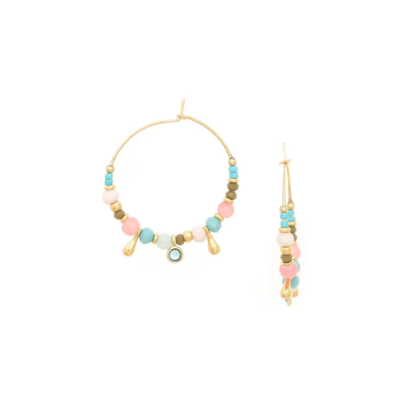 Retour Gratuit Boucles d'oreilles créoles turquoise et rose - Tendance Perles - Joey