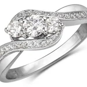 Remise Bague Elisa trinité à diamants diagonale entourée de diamants scintillants pour dame en or rose et blanc 14k