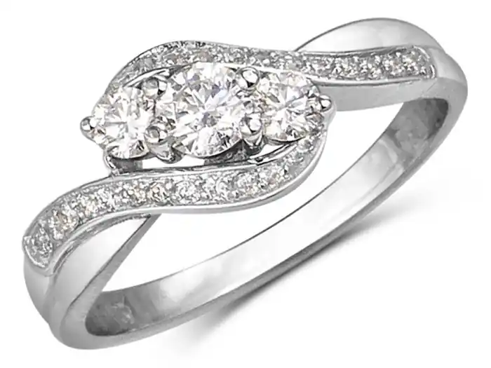 Remise Bague Elisa trinité à diamants diagonale entourée de diamants scintillants pour dame en or rose et blanc 14k
