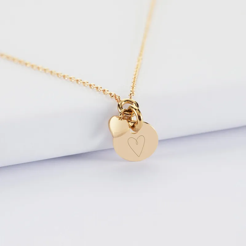 Populaire Collier mini coeur bombé personnalisé médaille gravée plaqué or 10 mm