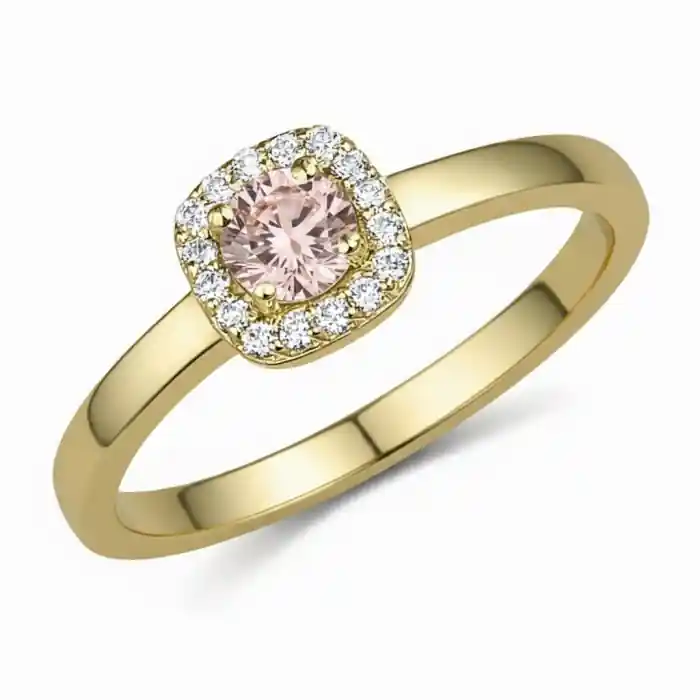 Top Qualité Bague Chloe morganite brillante et halo de diamants forme coussin en or jaune 10k