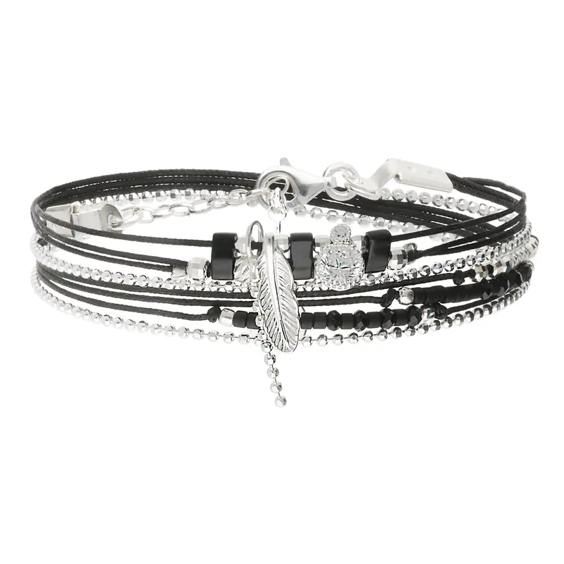 Prix Promo Bracelet 2 Tours Argent 925 Éclat d Oxyde et Plume Bohème Noir