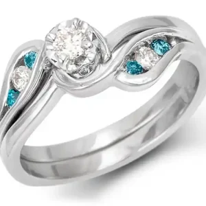 Acheter Direct Set d'alliances Misha diamants blancs et bleus or blanc 14k pour femme