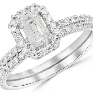Tendance Set d'alliances Arianell diamant .50ct de taille émeraude et halo en or blanc 14k pour femme