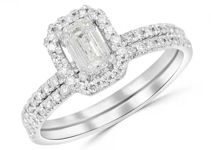 Tendance Set d'alliances Arianell diamant .50ct de taille émeraude et halo en or blanc 14k pour femme