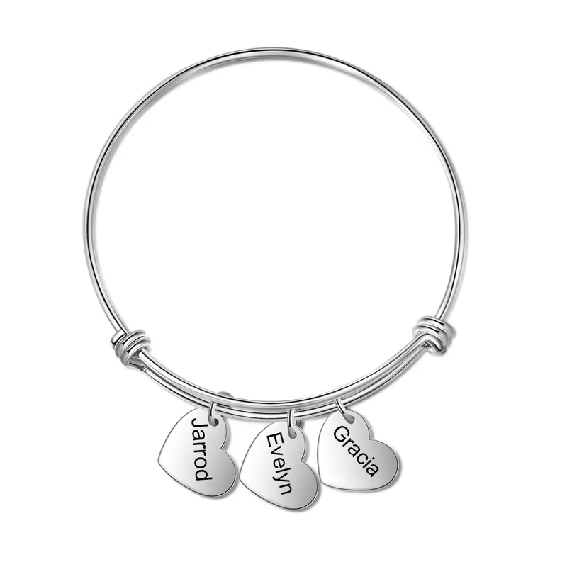 Bracelet Personnalisé Femme 3 Prénoms Personnalisés avec 3 Cœurs Breloques|Jessemade Authentique