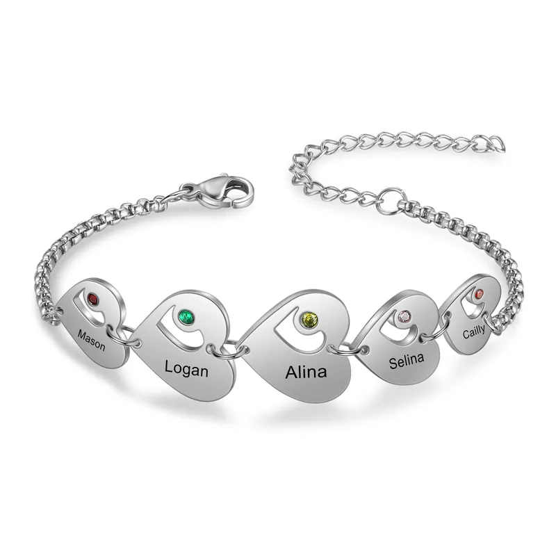 Premium Bracelet Cœur 5 Prénom Personnalisé Bracelet Pierre De Naissance|Jessemade