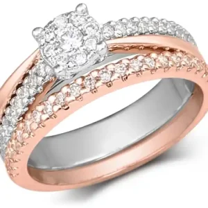 Promotion Set d'alliances Stephanie illusion 1/2 carat centrale en or 14k blanc et rose gold pour femme