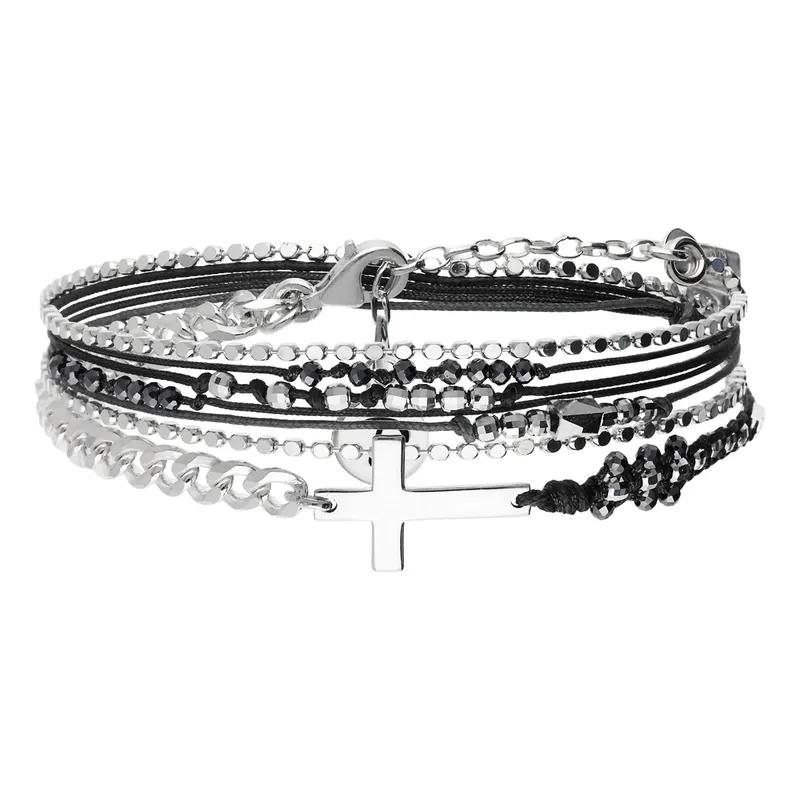 Premium Bracelet 2 Tours Argent 925 Noir Croix