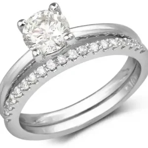 Set d'alliances Marie diamant solitaire et jonc semi-éternité en or blanc 14k pour femme Paiement Sécurisé