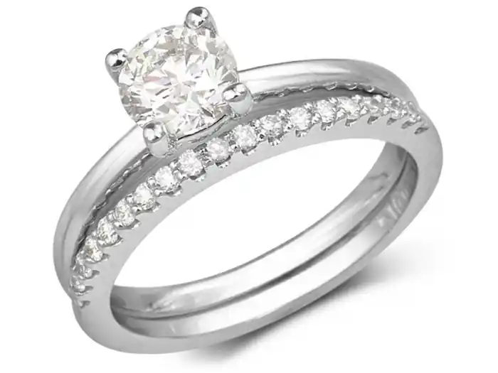 Set d'alliances Marie diamant solitaire et jonc semi-éternité en or blanc 14k pour femme Paiement Sécurisé