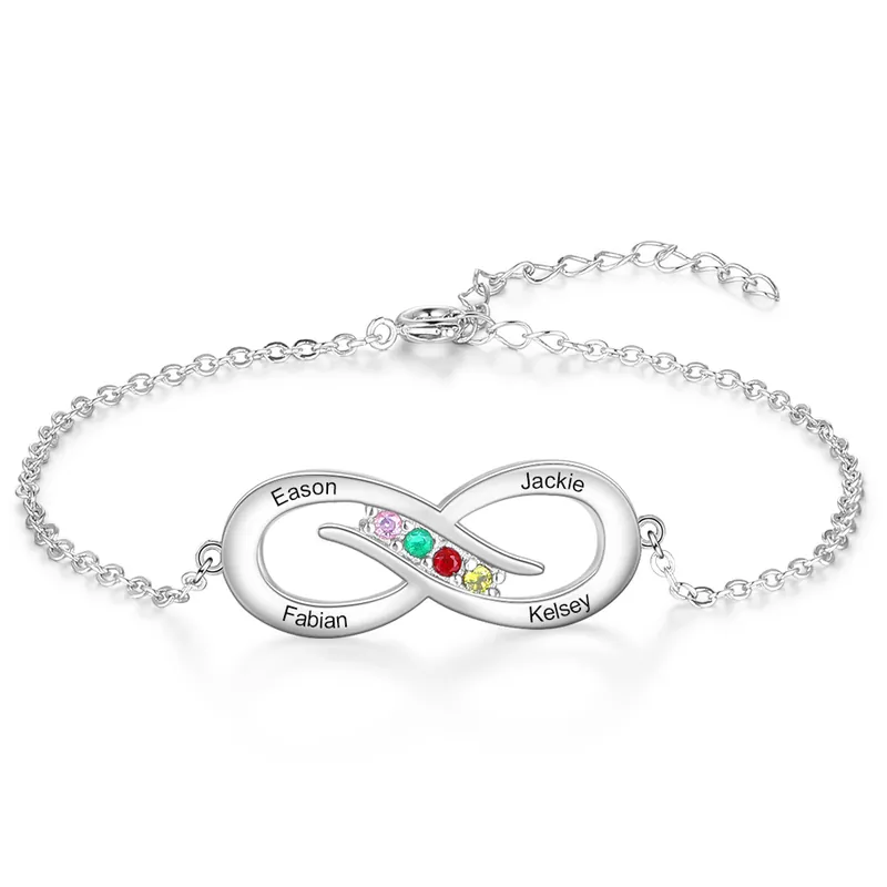 Bracelet infini 4 Prénom Personnalisé avec 4 Pierre de Naissance Meilleur Choix