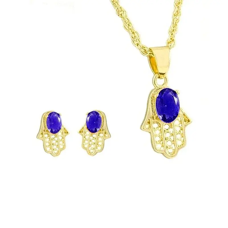 Parure pendentif et boucles - main de Fatma diamant cz bleu Acheter Direct