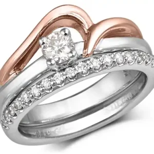 Acheter En Ligne Set d'alliances Marianne diamant solitaire accent rose gold et jonc agencé en or blanc 14k pour femme