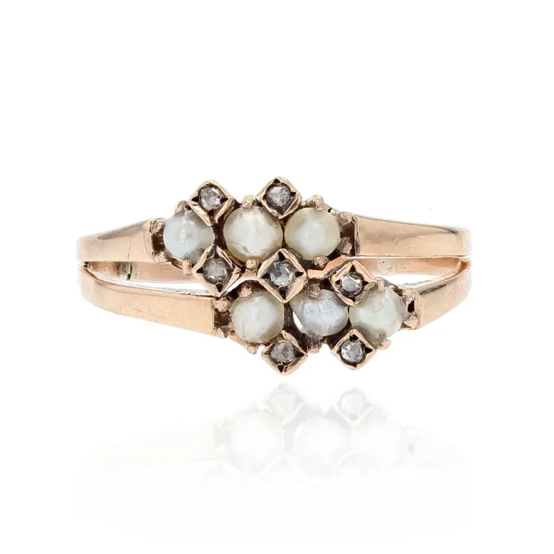 Premium Bague ancienne double anneau perles fines diamants