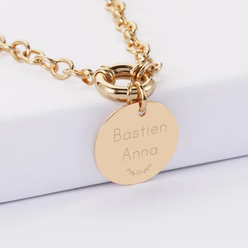 Prix Cassé Collier personnalisé chaine fermoir marin médaille gravée plaqué or 19 mm