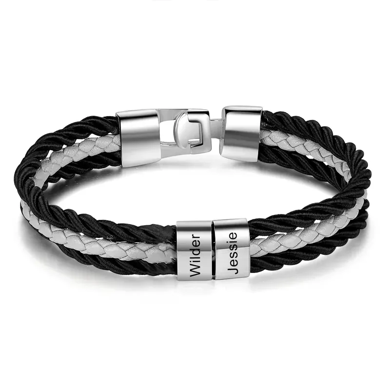 Bracelet 2 Prénoms Personnalisé en Cuir Tressé Livraison Gratuite