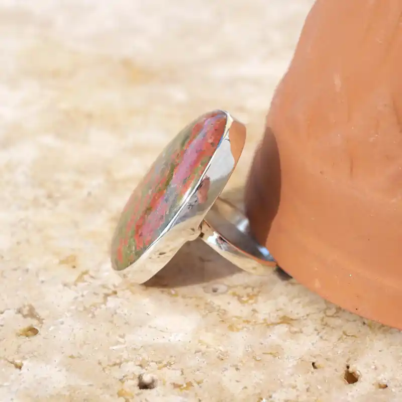 Prix Promo Bague ovale pierre Jaspe unakite et argent T58