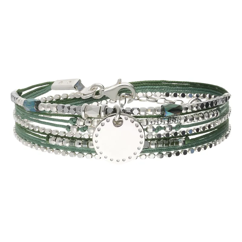 Meilleure Qualité Bracelet 2 Tours Argent 925 Vert Kaki Pastille Rock Personnalisable