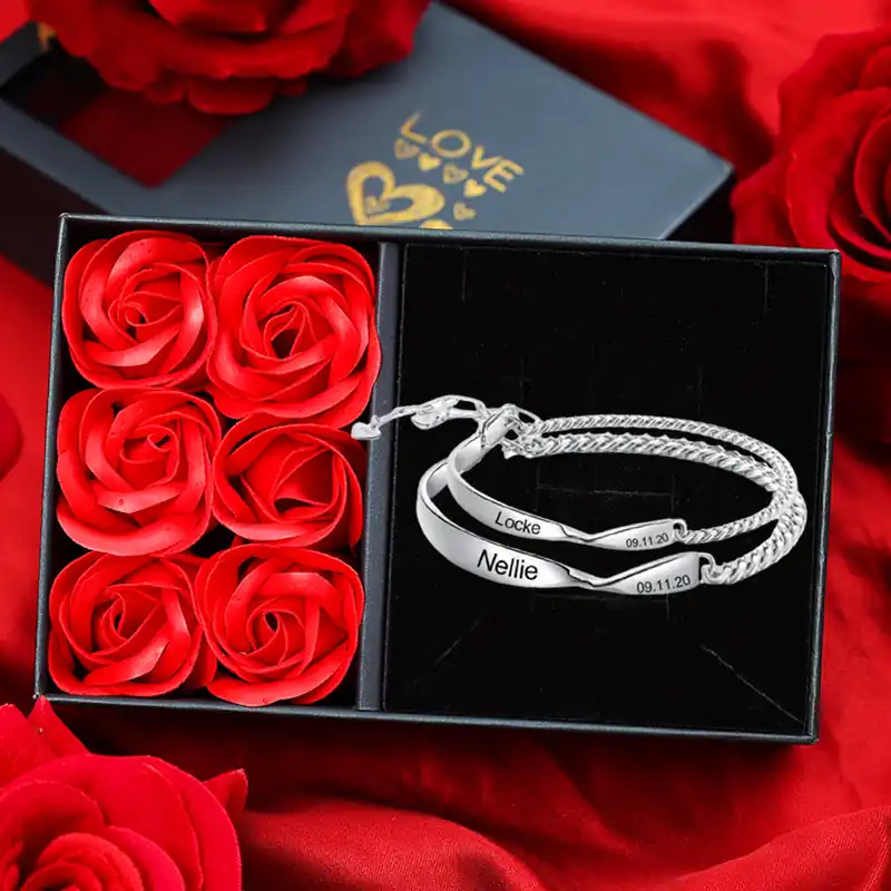 Bracelet Gourmette de Saint-Valentin 2Prénoms Personnalisés avec Date pour Couple | Jessemade Meilleure Vente