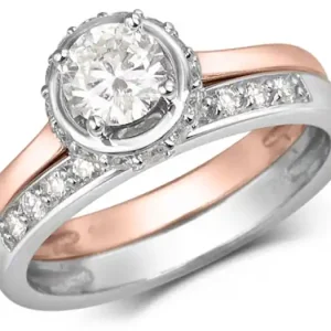 Prix Réduit Set d'alliances Radiance solitaire et courrone à diamants en or rose et blanc 14k