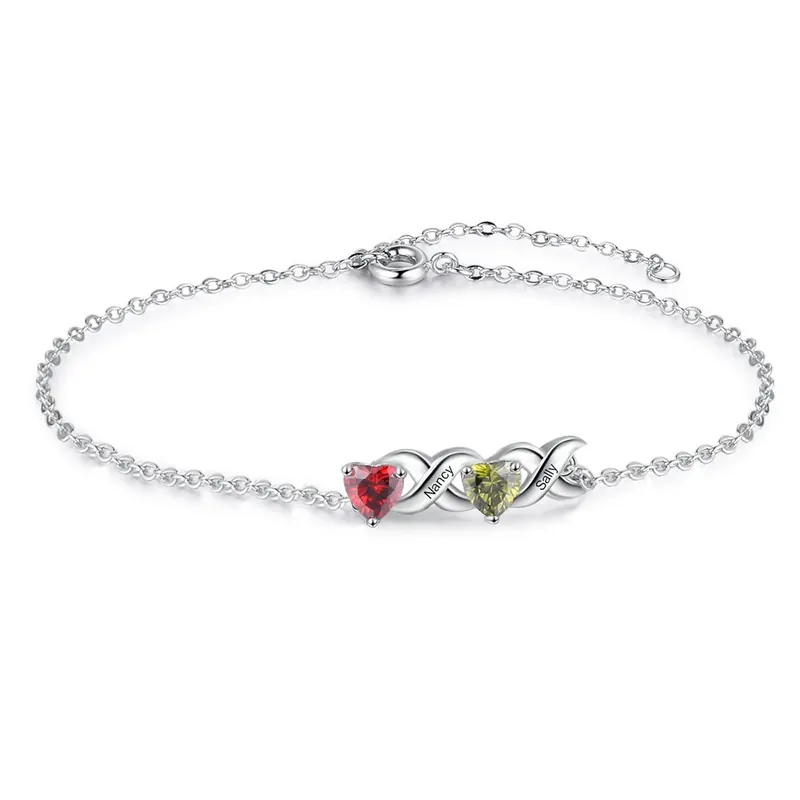 Top Vente Bracelet à Breloque 2 Prénoms Personnalisé avec 2 Pierres de Naissance