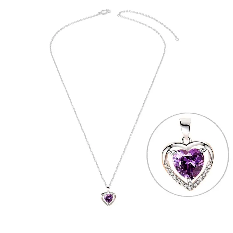 Collier argent 925 pendentif cœur orné de zirconiums sertis et oxyde mauve Original