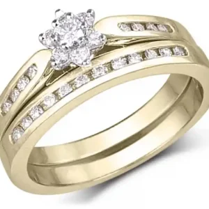Set d'alliances Beckia moderne avec fleur centrale et jonc à diamants en or jaune 14k Offre Spéciale