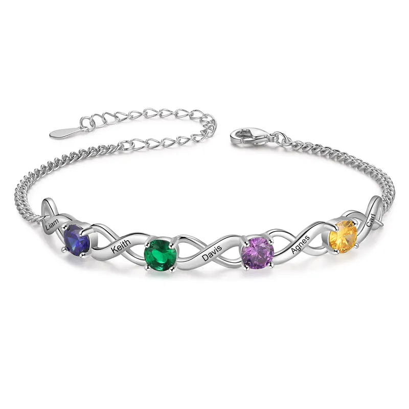 Bracelet Infini 5 Prénoms Personnalisés avec 3 Pierres de Naissance pour Femme Solde