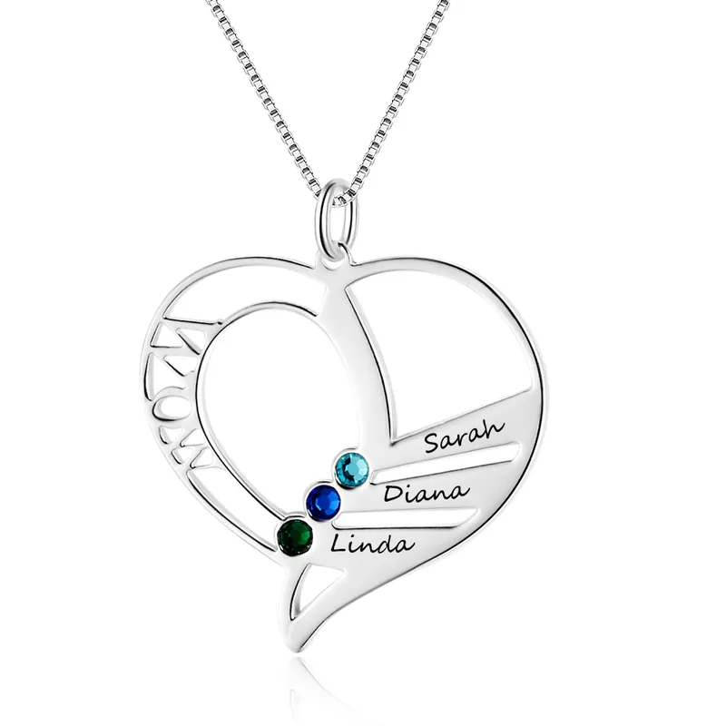 Collier 3 Prénom Personnalisé Cœur avec 3 Pierre de Naissance Artisanat