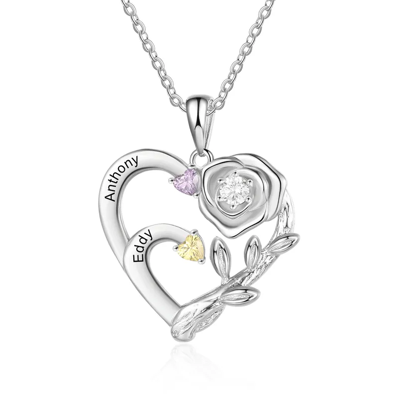 Top Vente Collier d'Excuses Rose 2 Prénoms Personnalisés avec 2 Pierres de Naissance
