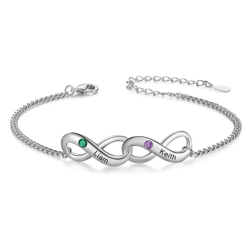 Bracelet Infini 2 Prénoms Personnalisés avec Pierres de Naissance pour Femme Artisanat