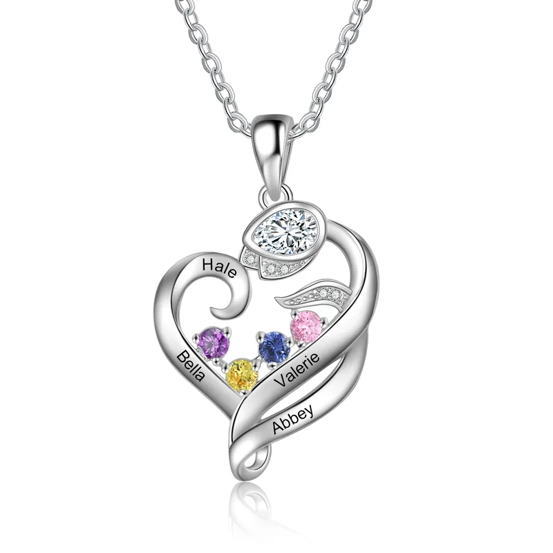 Collier coeur 4 Prénoms Personnalisés avec 4 Pierre de Naissance Dernière Chance