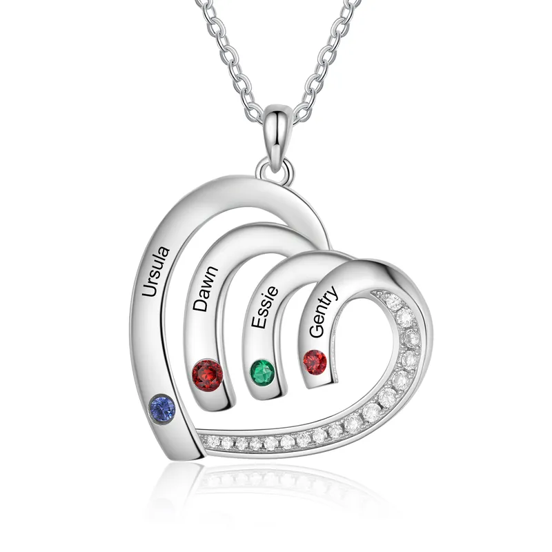 Meilleur Choix Collier Pendentif Cœur 4 Prénoms Personnalisés avec Pierre de naissance pour Femmes