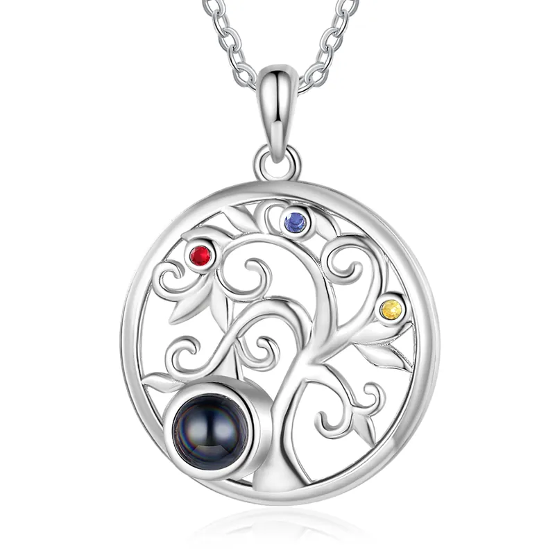 Marque Collier Arbre Projection de Pierres 3 Pierres de naissance et 1 PhotoPersonnalisés Collier pour Femmes | Jessemade