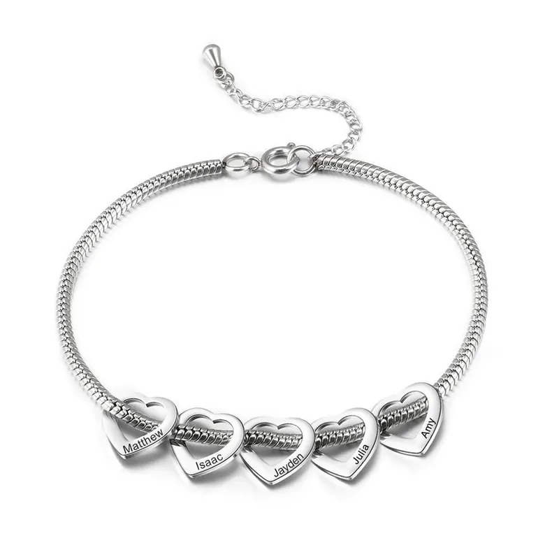 Certifié Bracelet Cheville Réglable Prénom Personnalisés Pour Femmes Avec 5 Pendentif Coeur