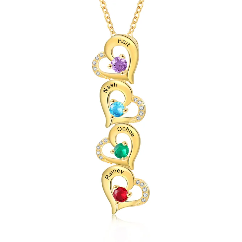 Réduction Collier Pendentif Cœur 4 Prénoms Personnalisés avec Pierre de naissance pour Femmes