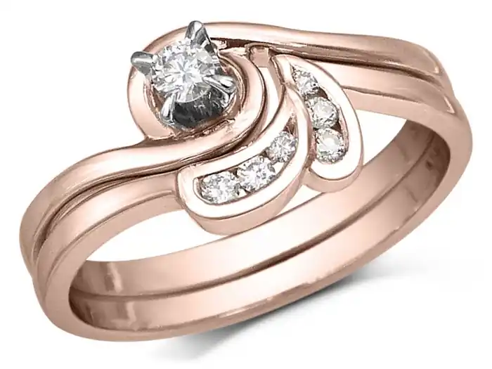 Set d'alliances Kalmie diamant solitaire .07ct et pétales de diamants en or rose 14k Top Vente