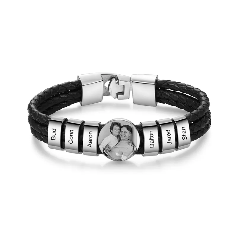 Meilleure Vente Bracelet en Cuir 6 Prénoms Personnalisés avec Photo pour Hommes