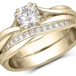 Achat Immédiat Set d'alliances Anmari solitaire torsadé et joncs à diamants en or jaune 14k pour femme